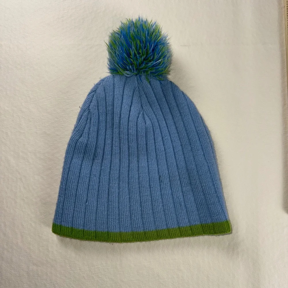 Vintage It's Happy Bunny Jim Benton Blue Green Pom Pom Beanie Hat Y2K Sarcastic